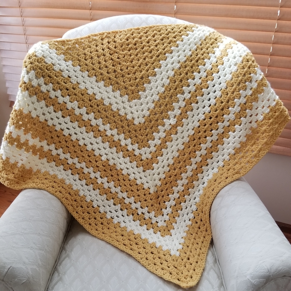 Vintage Triangle Crocheted Gold and White Throw